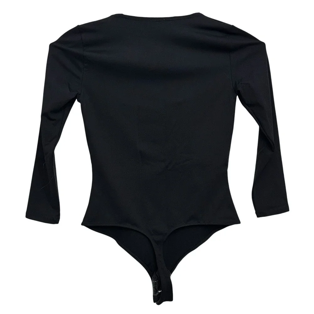 Free People Intimately Black Jersey Knit‎ Long Sleeve Thong Bodysuit Top Size S